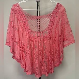 Vivid Collection Pink Lace Boho Crochet Peasant Top Sheer Blouse Size M